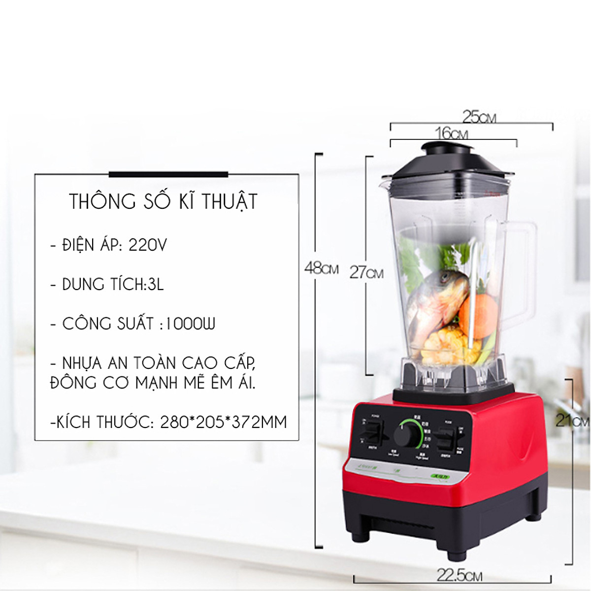 Máy xay sinh tố công suất lơn 1000W chuyên xay các loại nguyên liệu cứng, xay khô, dung tích 3000ml chất liệu lưỡi thép không gỉ, nhựa an toàn, thông dụng tiện ích cho đời sống