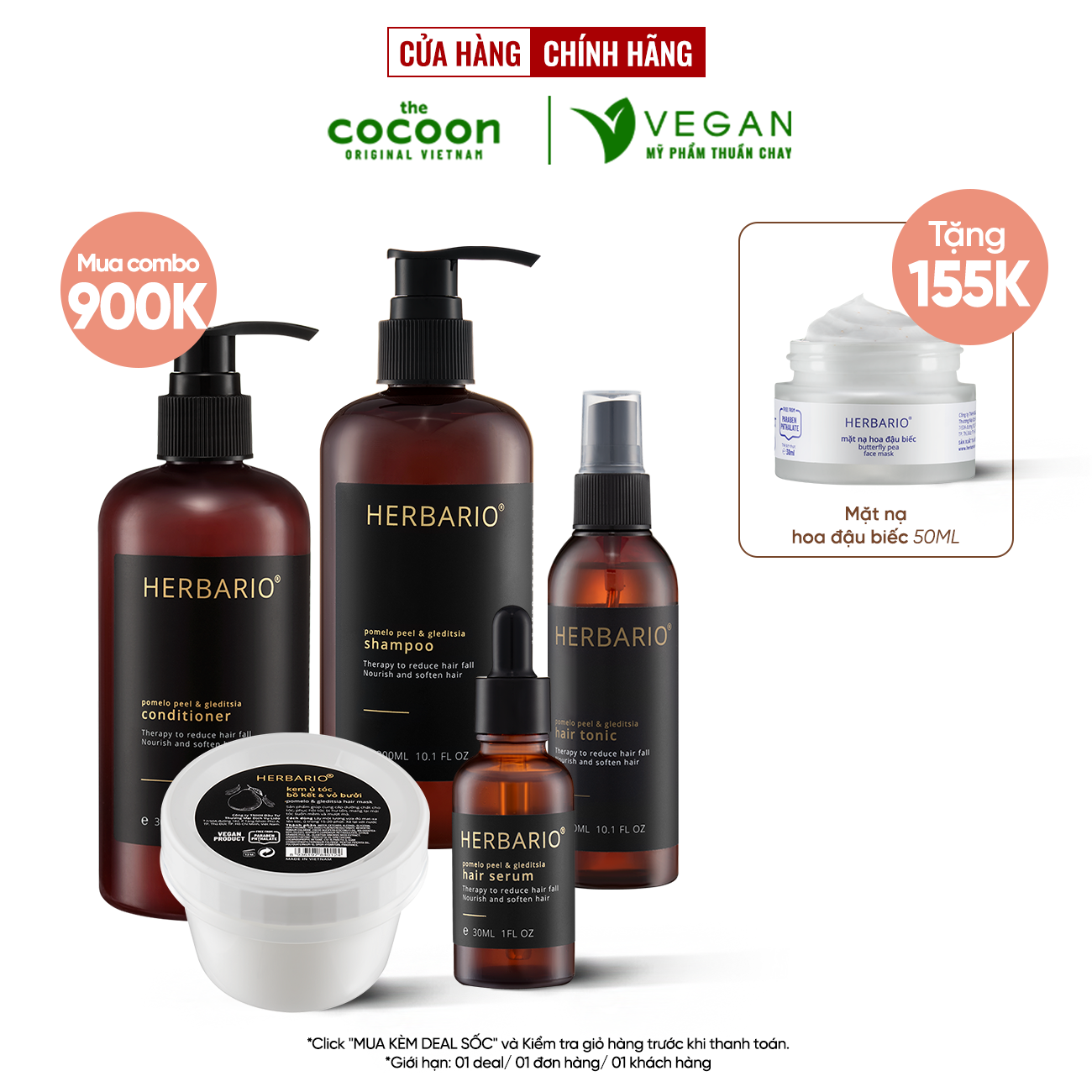 Bộ 5 Chăm Sóc Tóc Vỏ bưởi &amp; Bồ kết Herbario: Dầu gội 300ml + Dầu xả 300ml + Xịt dưỡng 100ml + Serum 30ml + Kem ủ tóc 200ml