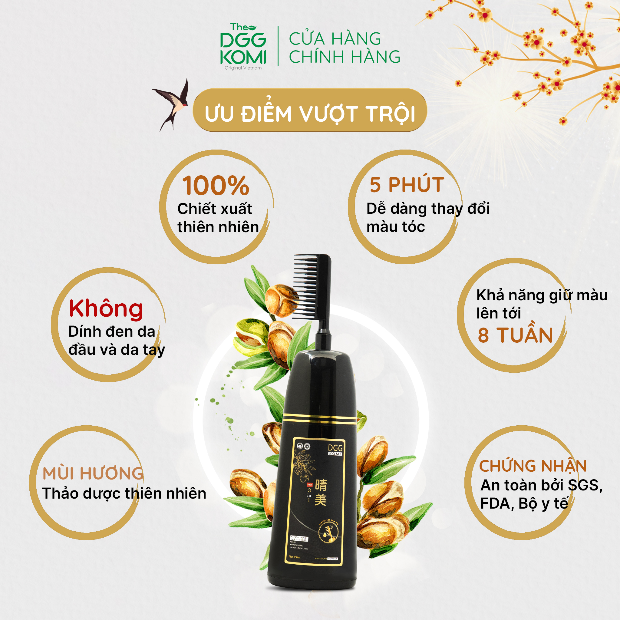 Lược nhuộm tóc thảo dược DGG KOMI Việt Nam nhuộm tóc bán vĩnh viễn chiết xuất thiên nhiên dạng chai 350ml