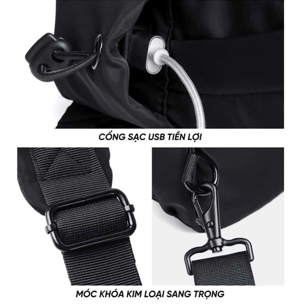 Túi đeo chéo Basic vải Polyester chống nước, tích hợp dây sạc USB unisex nam nữ phong cách thời trang