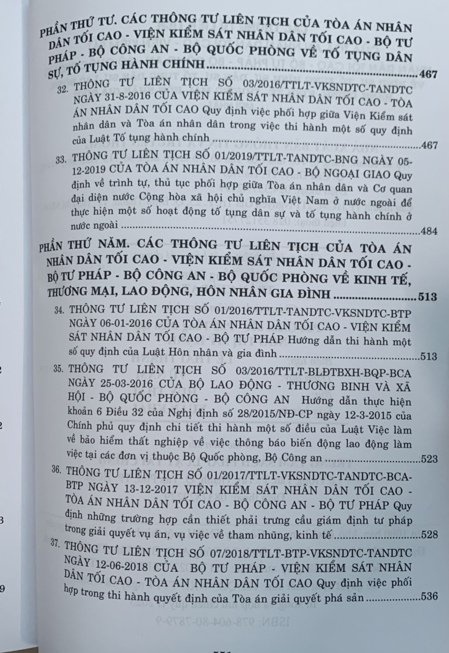 Các thông tư liên tịch của Tòa án nhân dân tối cao - Viện kiểm sát nhân dân tối cao - Bộ tư pháp - Bộ công an - Bộ quốc phòng về hình sự, tố tụng hình sự, dân sự, tố tụng dân sự, hành chính, kinh tế, thương mại, lao động, hôn nhân gia đình mới nhất