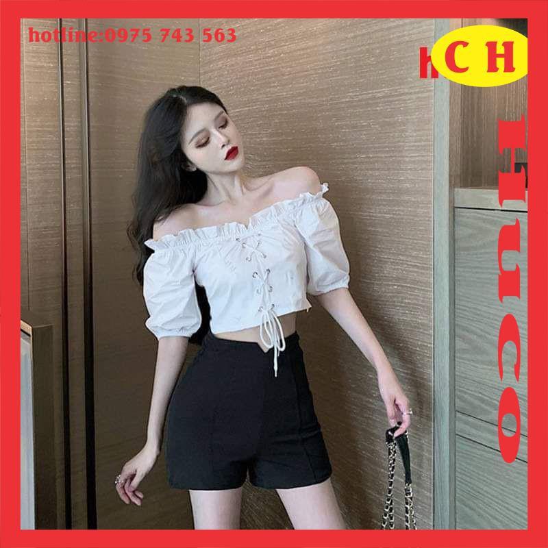 áo croptop trễ vãi nữ, áo croptop kiểu oze tay bồng có dây nơ tiểu thư cá tính, áo hai màu basic dễ phối đồ