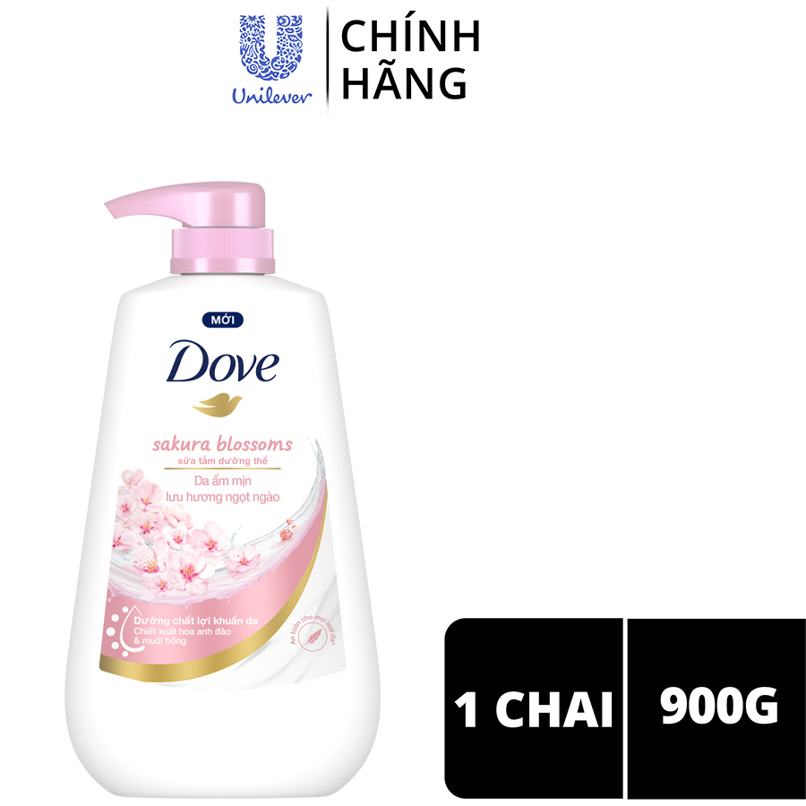 Sữa tắm dưỡng thể Dove Sakura Blossoms Da mềm mịn hương hoa với hương hoa anh đào &amp; muối hồng 900g