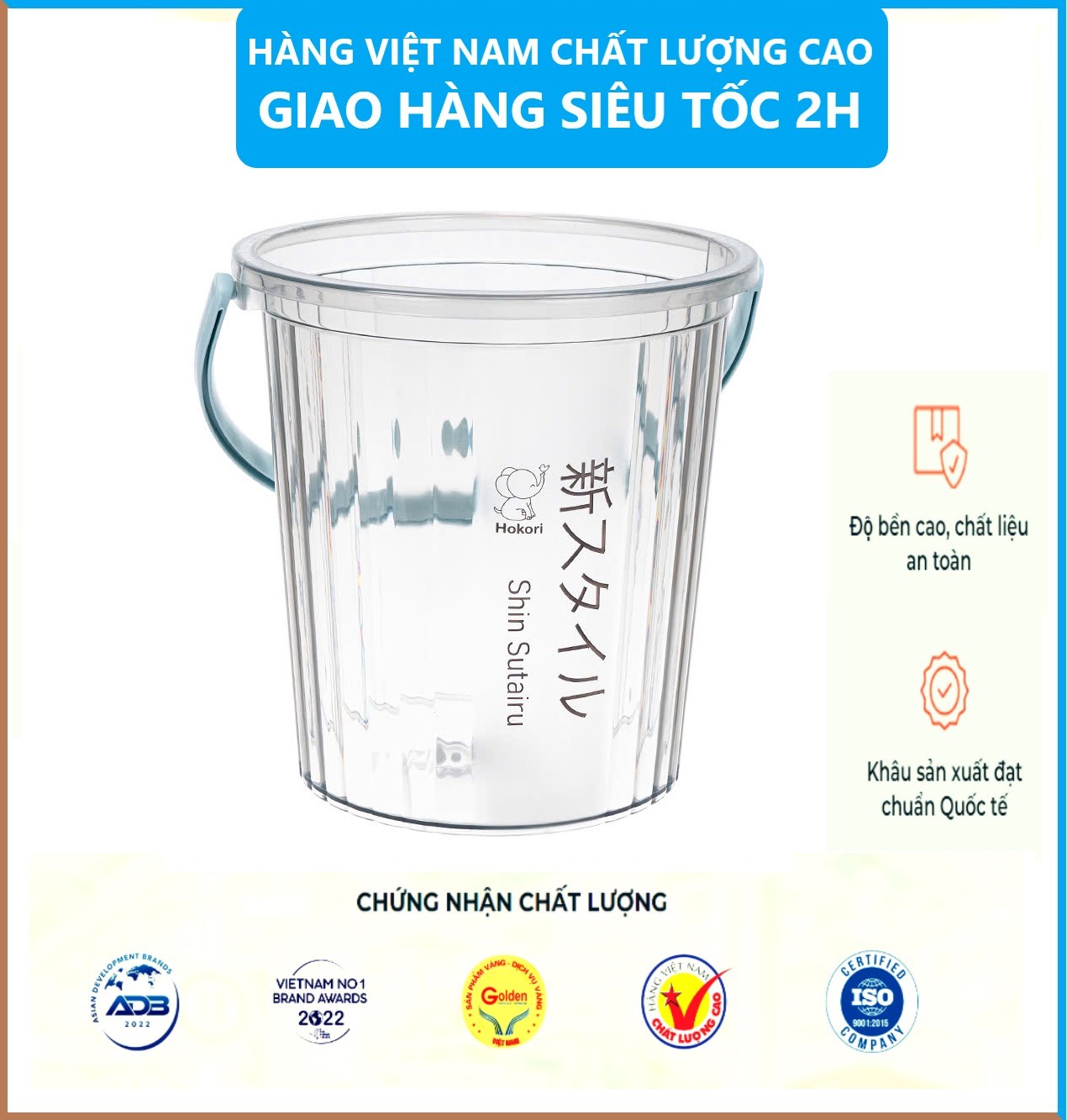 Xô trong 10L Hokori 5228, Xô đựng nước trong suốt, Xô đựng đá có quai xách trong suốt dày dặn Việt Nhật - Hàng Việt Nam
