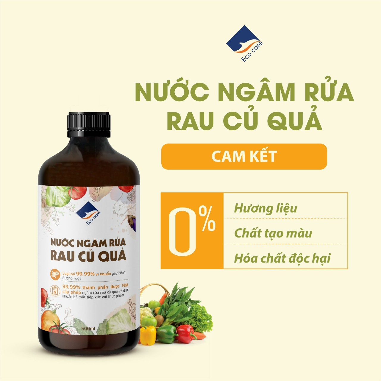 Nước ngâm rửa rau củ quả sinh học Ecocare hương Cam - Chai 500ml