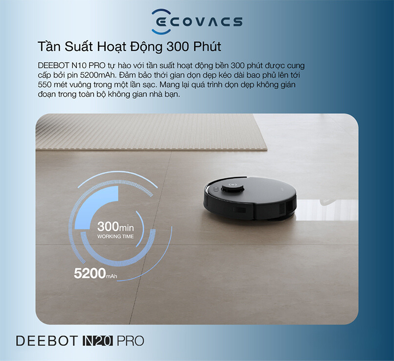 Robot Hút Bụi Lau Nhà Ecovacs Deebot N10 Kết Nối App Lực Hút 4300 Pa Phù Hợp Diện Tích 300m2 Công Suất 40 W - Hàng Chính Hãng