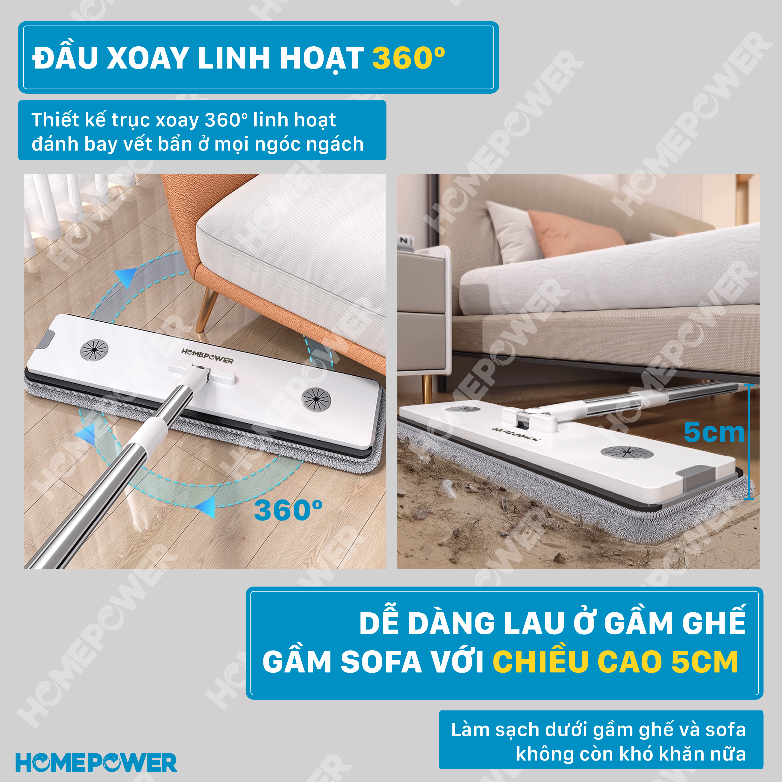 Cây Lau Nhà Tự Vắt Homepower BS-03, Bộ Chổi Lau Nhà Space Saving, 4 Hệ Thống Làm Sạch Mới Gạt Rác, Vắt Khô, Vắt Siêu Khô