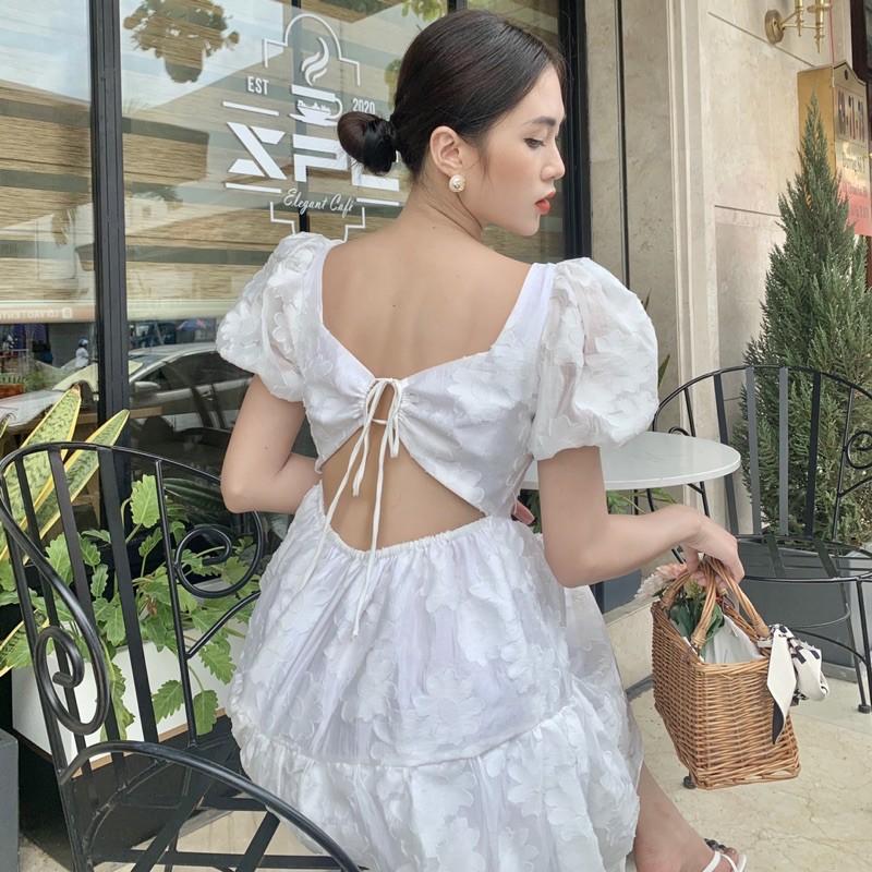 Đầm ulzzang dáng dài xoè trắng cutout lưng tay phồng - Audrey Studio
