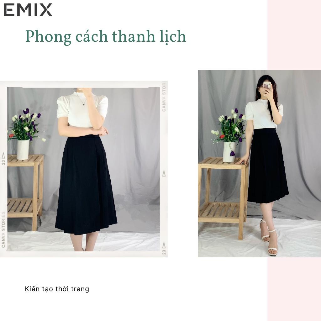 Chân váy midi xếp ly có túi 921 EMIX (màu đen), dáng dài, ulzzang, cạp cao, khóa sau, hai túi, vải tuytxi mềm nhẹ