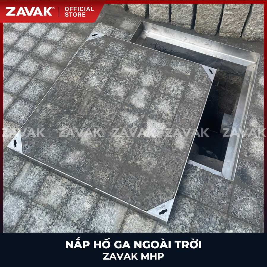 Nắp hố ga ngoài trời inox ZAVAK MHP*-AA50 / KT 50x50cm, lát gạch tối đa 4cm/ tải 960kg