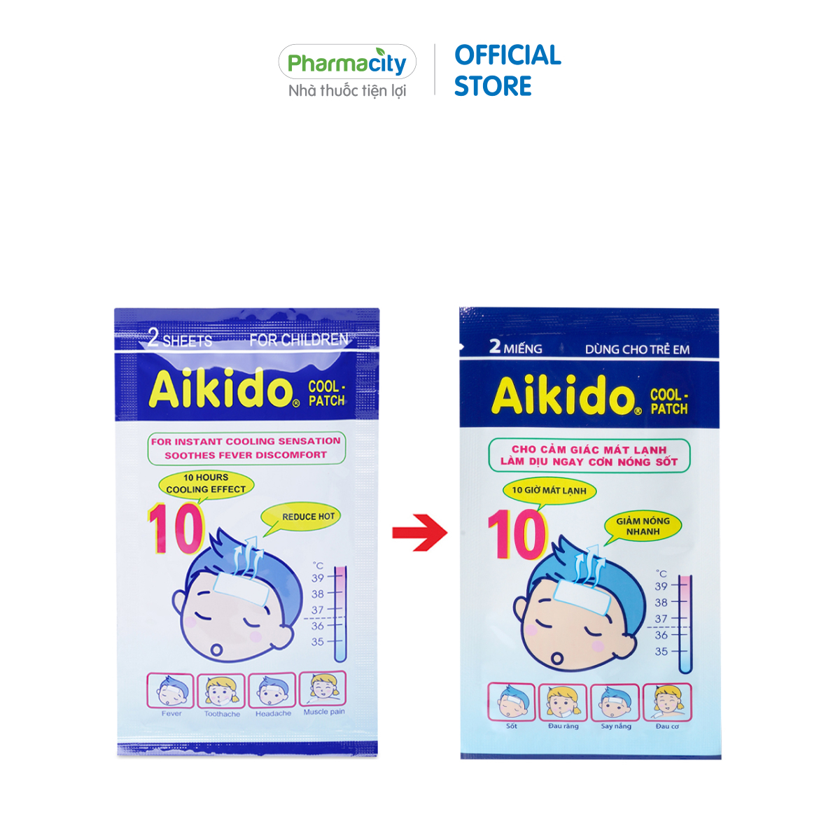 Miếng dán chườm lạnh, hỗ trợ giảm đau, hạ sốt nhanh Aikido Gel Cool Patch (Gói 2 miếng)