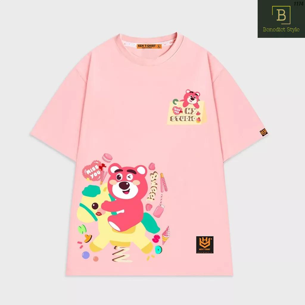 Áo thun tay lỡ unisex phom rộng in hình Gấu dâu cưỡi ngựa