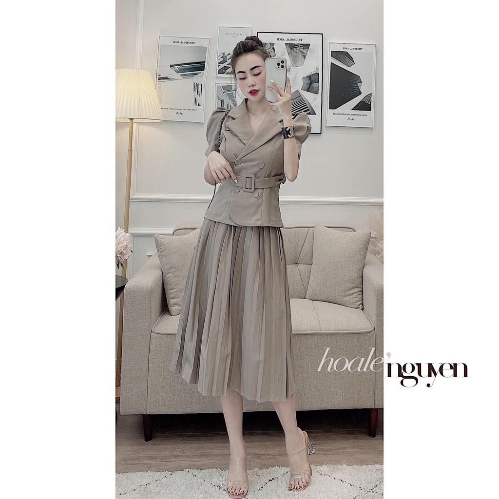 SET ÁO VEST NGẮN TAY KÈM ĐAI MIX CHÂN VÁY XẾP LY CHẤT QUẢNG CHÂU CAO CẤP SIÊU XINH
