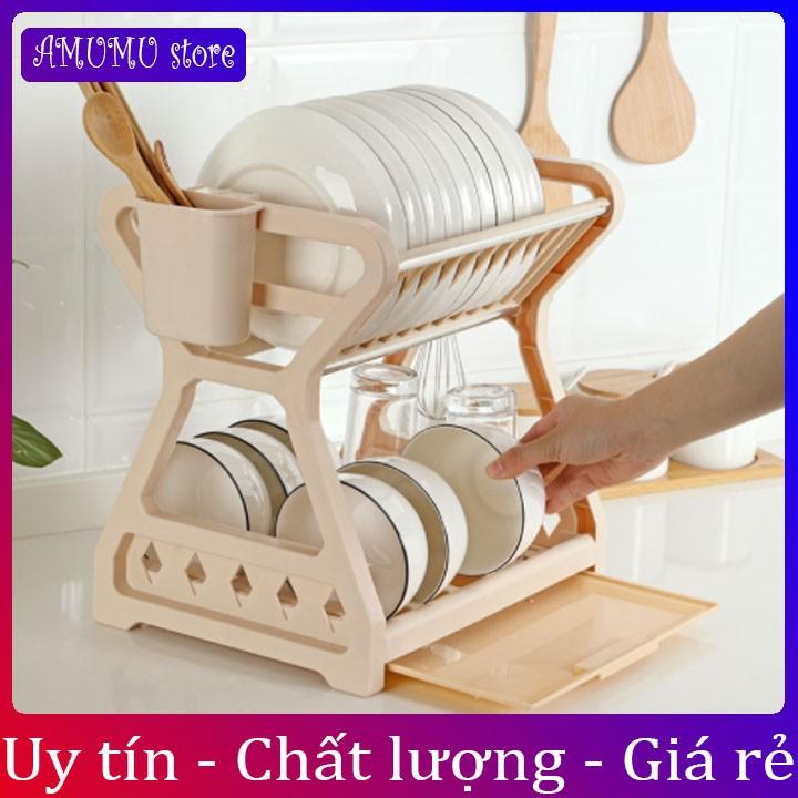 Kệ để bát 2 tầng có ống đựng đũa nhà bếp phòng trọ, Kệ để bát đĩa thoát nước thông minh, Tủ đựng bát mini thông minh