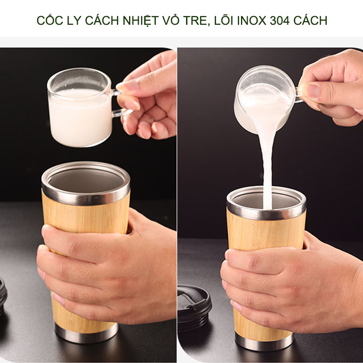 Cốc uống trà, cà phê vỏ tre 450ml, lõi inox 304, nắp bật