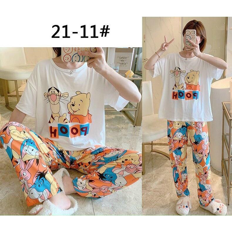 Set bộ đồ dành cho nữ, in hình gấu pooh dễ thương, áo cộc tay quần dài chất thun cotton mềm mại mát mẻ