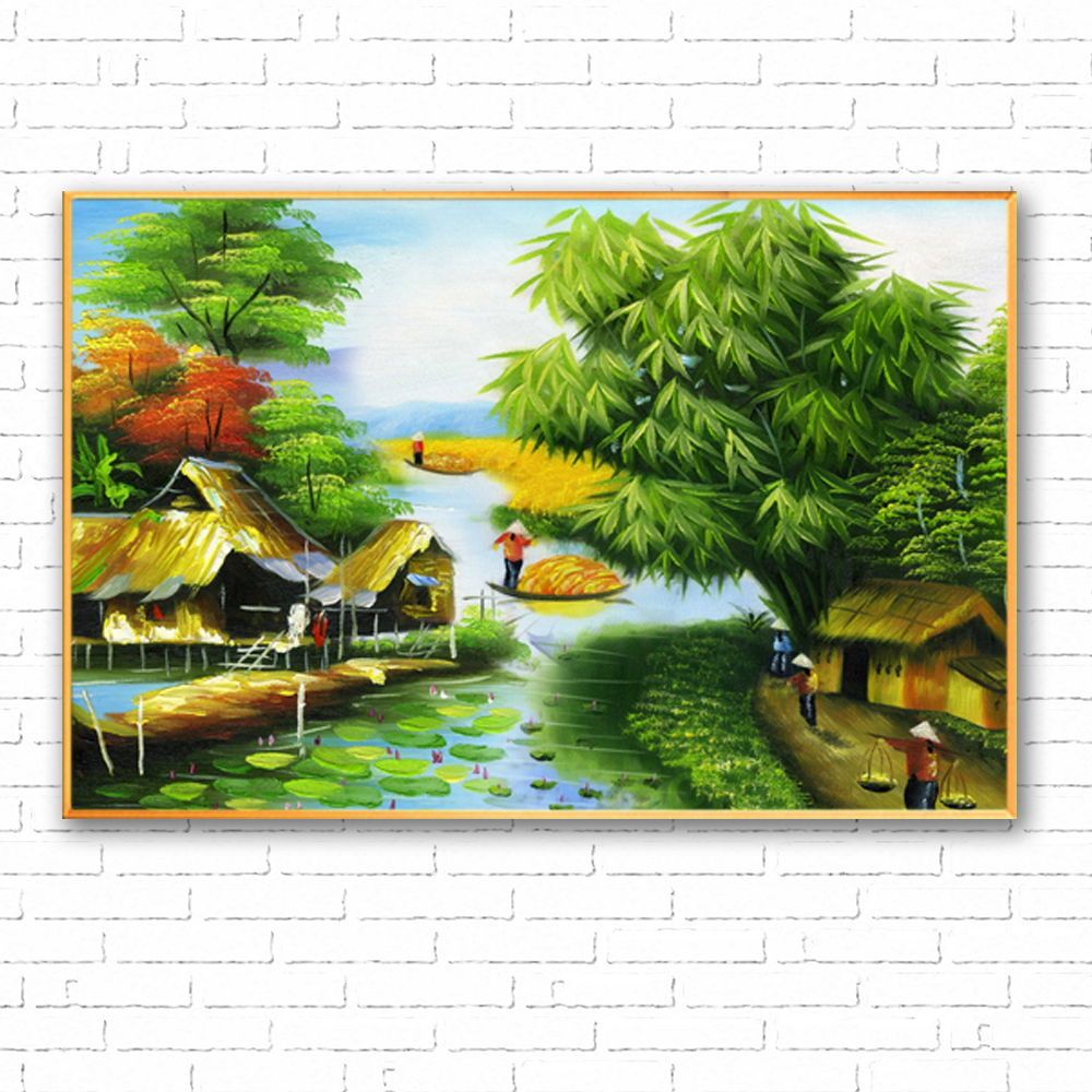 Tranh treo tường – Dòng sông quê  CA133 - Vải canvas kim tuyến  cán PiMa - công nghệ in UV - Khung viền composite - bền màu 10 năm.