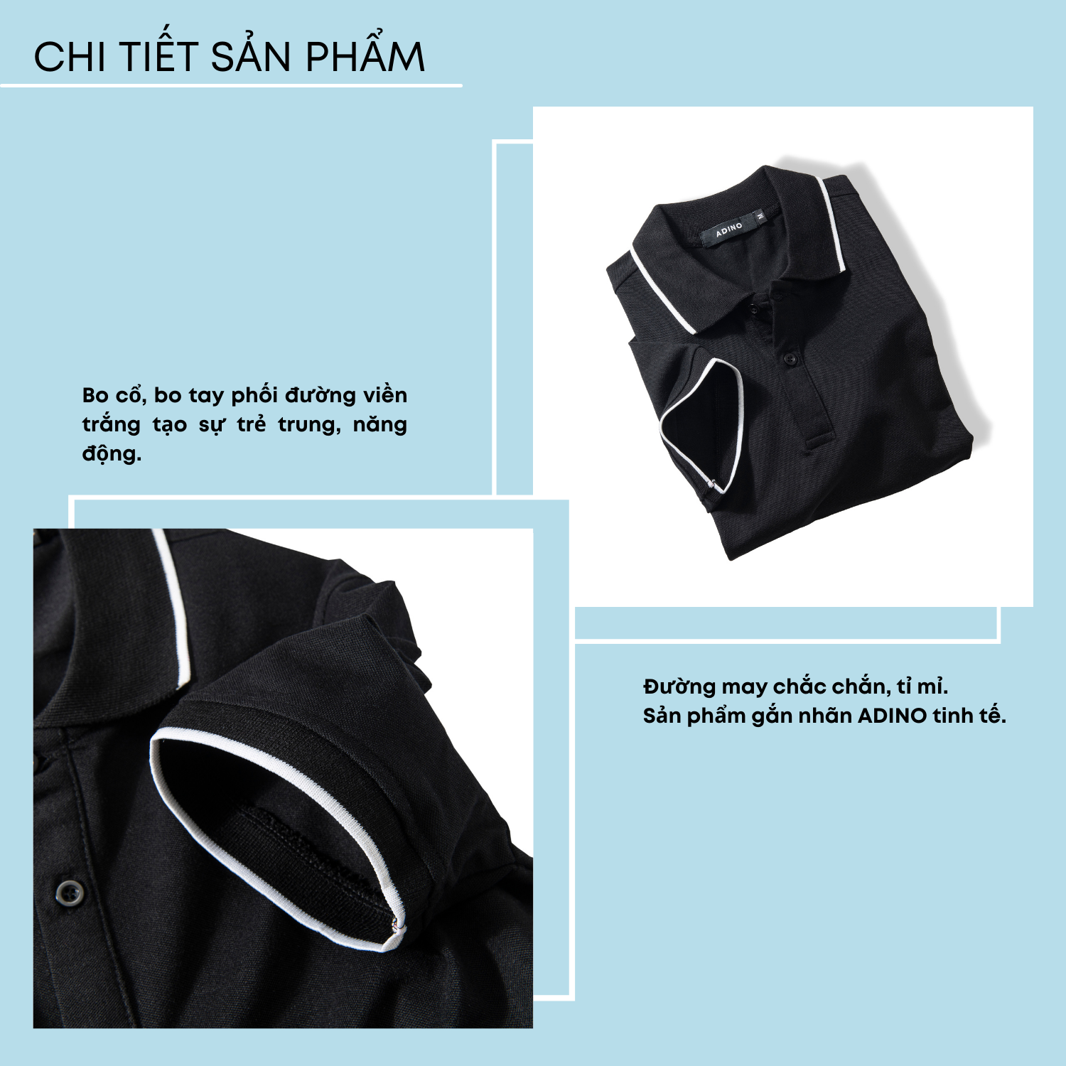 Áo polo nam ADINO màu đen phối viền vải cotton co giãn dáng slimfit trẻ trung AP70