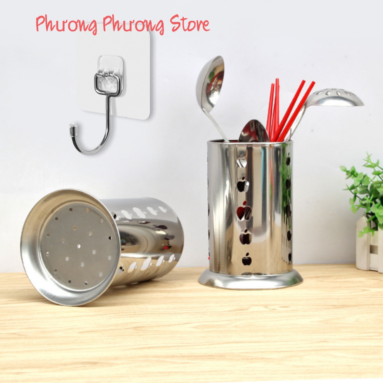 Ống đựng muỗng đũa inox cao cấp ( tặng vỉ dán tường to )