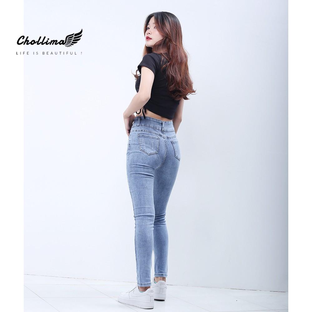 Quần jeans dài nữ co giãn Chollima cạp thường lưng bản to mài xước màu xanh nhạt QD030