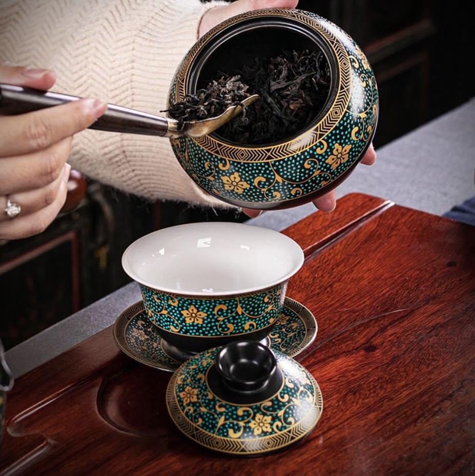 Bộ ấm chén pha trà đạo phong cách Nhật họa tiết hoa thổ cẩm  - vd178