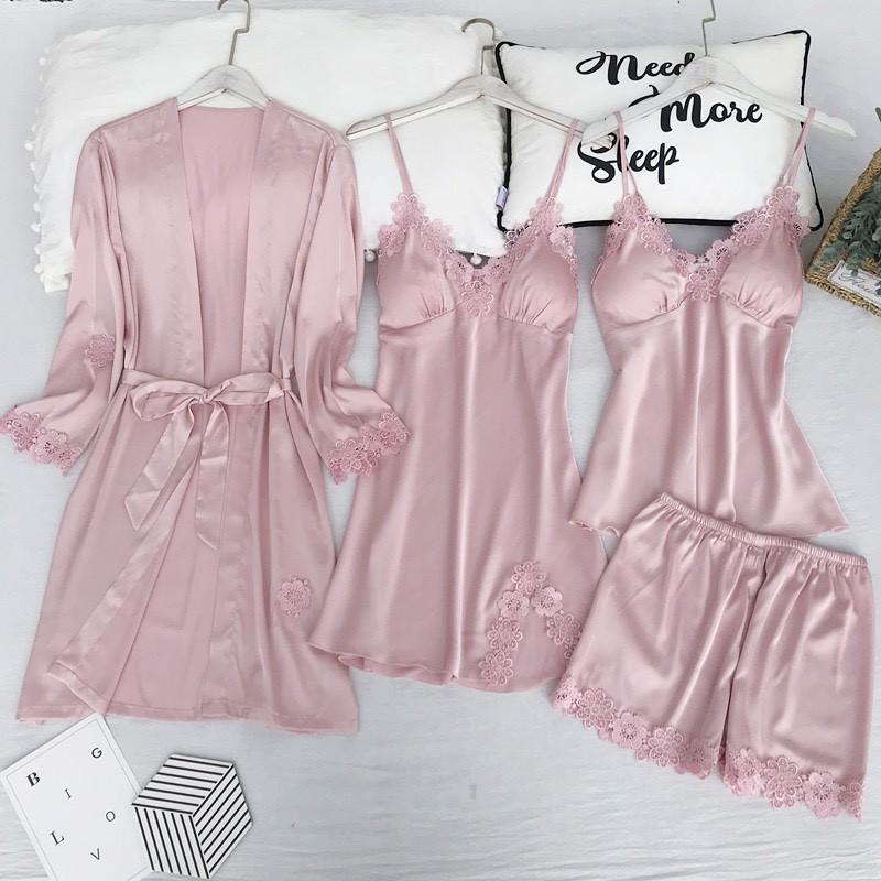 HISEXY Set Áo Khoác 3 Món Gồm Áo Khoác Đầm Ngủ Đồ Bộ Lụa Satin Cao Cấp - AK01MD01MS01