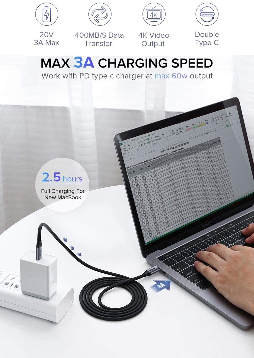 Ugreen UG60183US161TK 1M Usb 3.1 60W màu xám Vỏ nhôm Mạ niken cáp 2 đầu Type C - HÀNG CHÍNH HÃNG