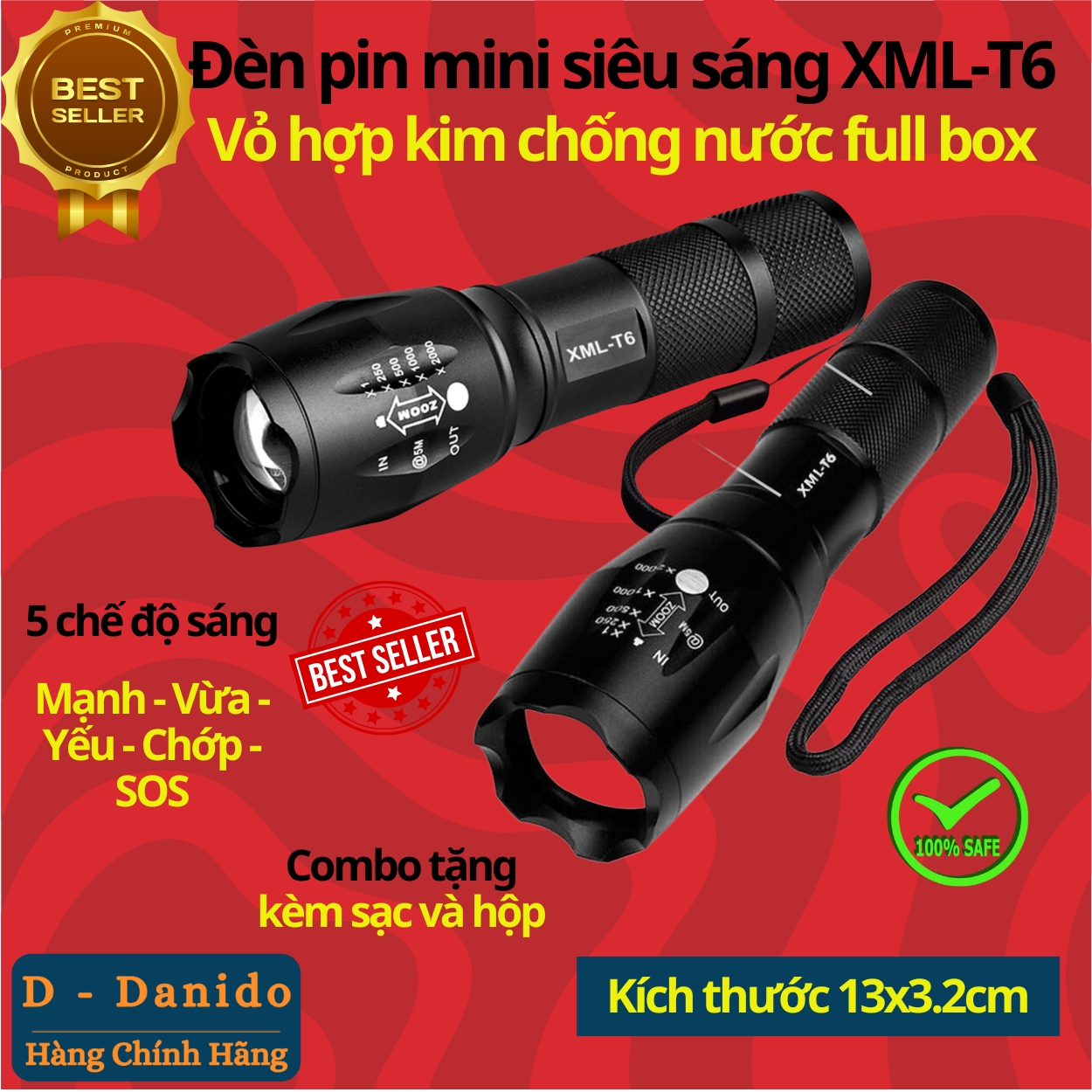 Đèn Pin Mini Siêu Sáng XML-T6 Vỏ Hợp Kim Nhôm Cao Cấp - Chính Hãng D Danido