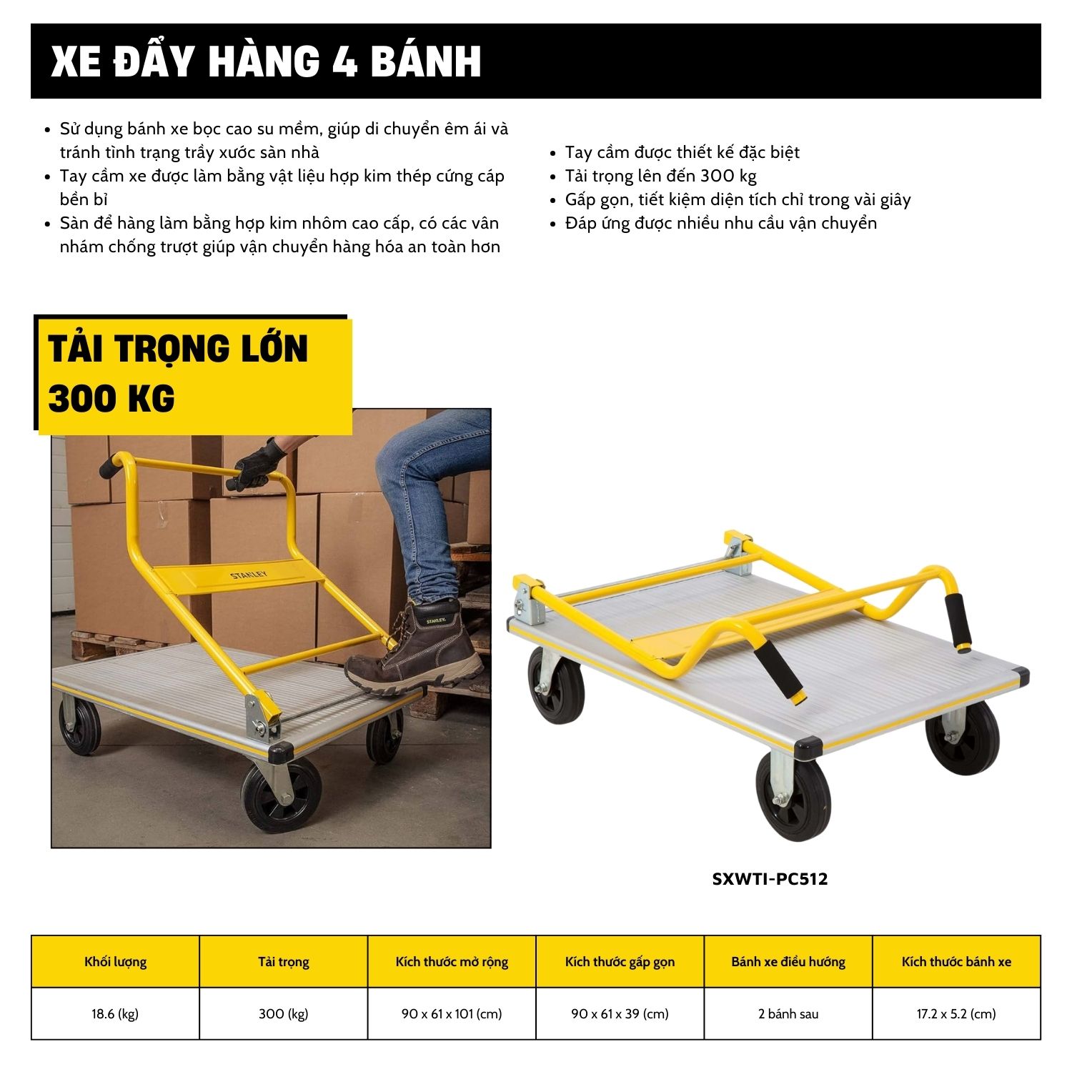 Xe Đẩy Tay 4 Bánh Cao Cấp Có Thể Gấp Gọn Stanley PC512