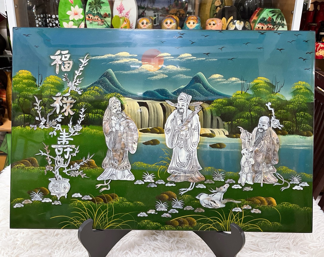 Tranh sơn mài Phúc Lộc Thọ cẩn ốc hàng xuất khẩu 40x60 cm trang trí nhà cửa, quà tặng tân gia, chúc Thọ ý nghĩa