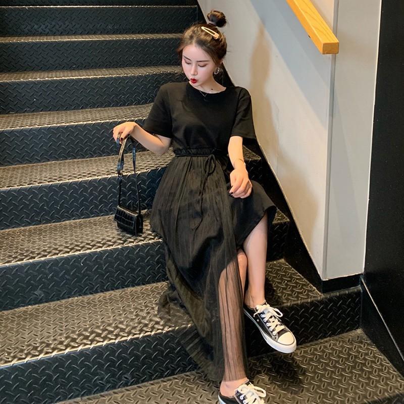 Đầm chữ A cổ tròn tay ngắn phối lưới thiết kế thanh lịch