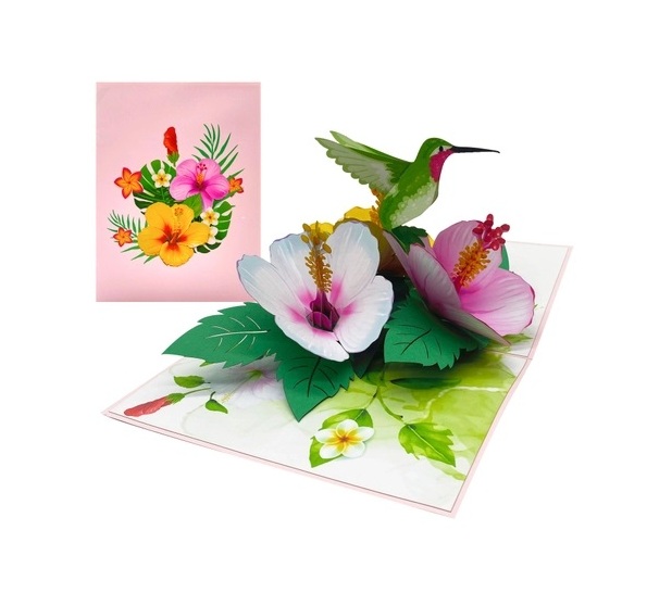 Thiệp 3D Pop Up Chim Ruồi &amp; Hoa Nhiệt Đới – Thiệp Hoa Chúc Mừng, Sinh Nhật, Lãng Mạn, F38