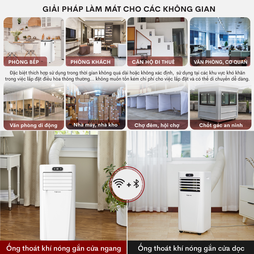 Điều hoà di động 7000 - 9000BTU FUJIHOME, máy lạnh đứng di động mini có điều khiển từ xa không cần lắp đặt sử dụng app hút ẩm - Hàng Nhập Khẩu