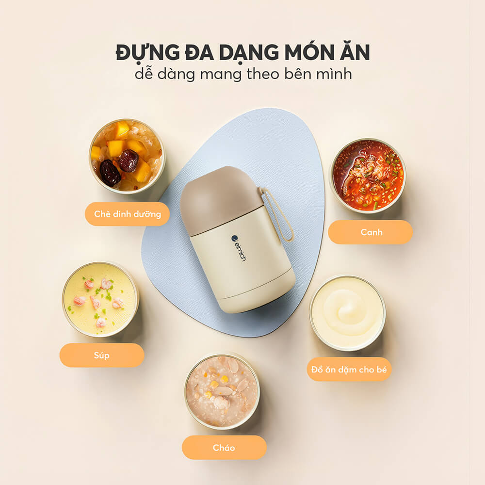 Bình đựng thức ăn giữ nhiệt inox 304 Elmich EL8301 450ml,Hàng chính hãng, nắp phụ đi kèm thìa, dây xách silicone JoyMall
