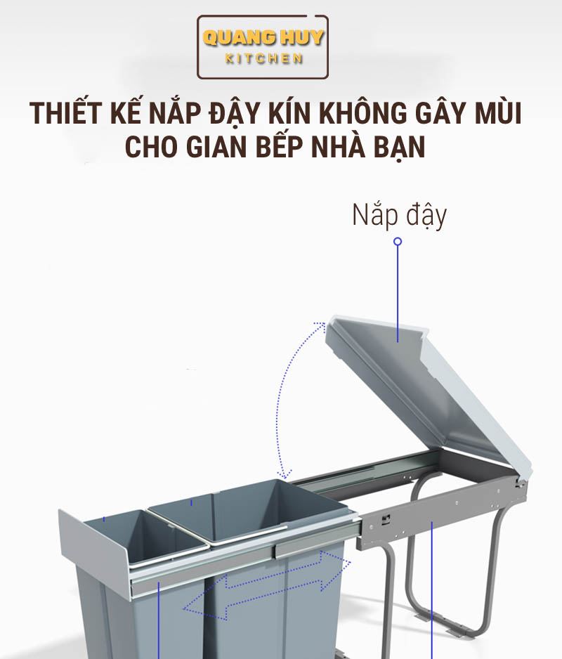 Thùng rác đôi âm tủ bếp hoặc gắn cánh tủ bếp thương hiệu Grob lắp đặt dễ dàng