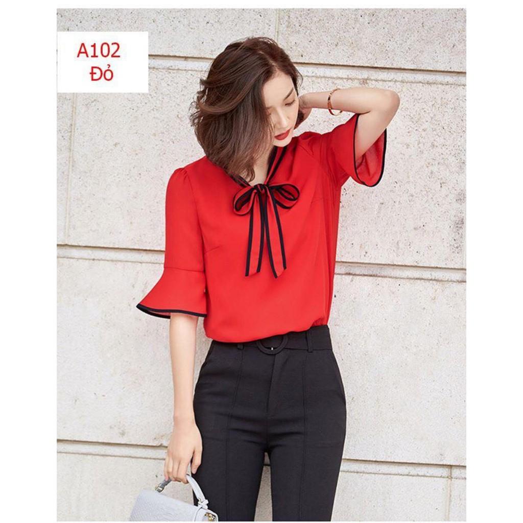 Áo nữ tay loe cổ cột nơ viền phối TRẮNG