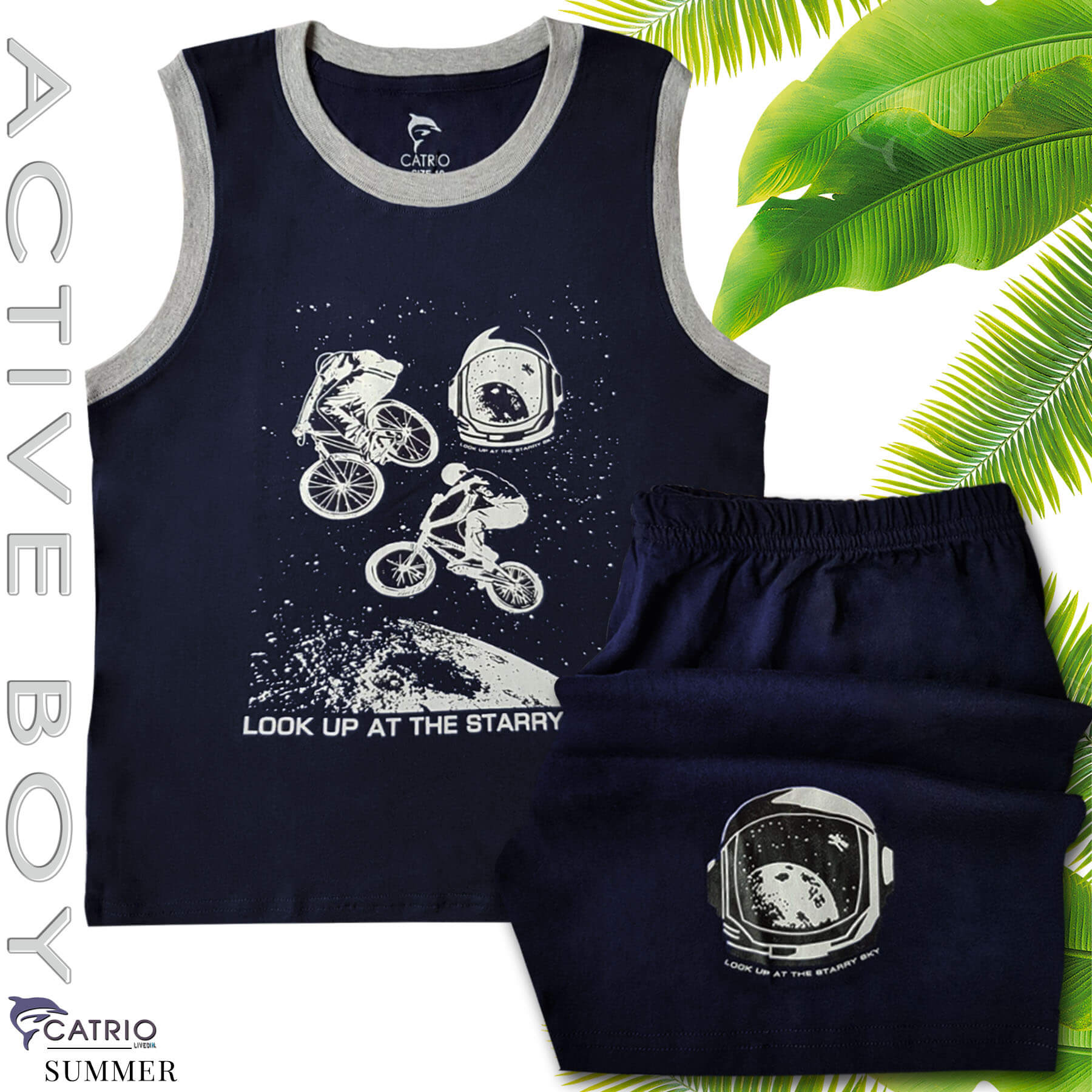 BỘ THUN BÉ TRAI CATRIO in XE ĐẠP là bộ đồ phông trẻ em gồm QUẦN ĐÙI + ÁO SÁT NÁCH, vải 100% cotton, phù hợp với các bé trai từ 9 tuổi đến 12 tuổi mặc ở nhà, đi chơi rất thoáng mát