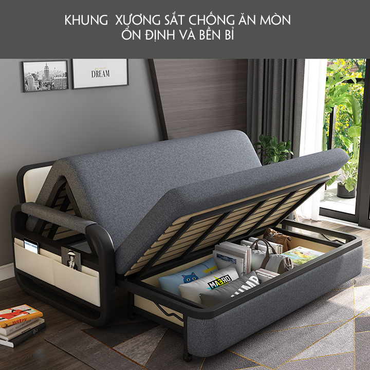 Giường Ngủ Thông Minh Gấp Gọn Đa Năng Khung Sơn Tĩnh Điện Nệm Bọt Biển - Giường Sofa Gấp Gọn Đa Năng - Sofa Giường Gấp Kiêm Ghế Phong Cách Hàn Quốc ( kt 1m30 x 1m90)