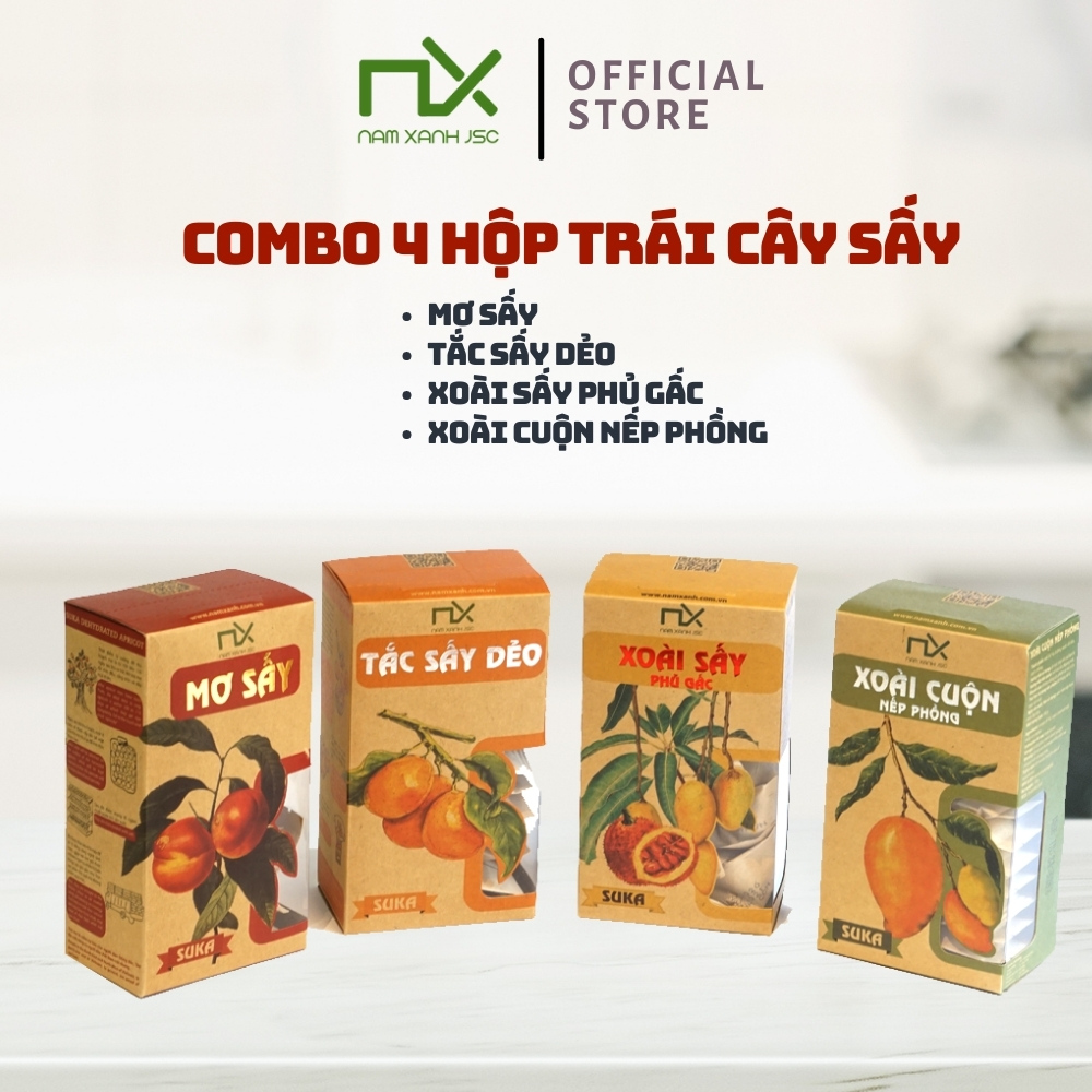COMBO 4 HỘP MỨT SẤY NAM XANH ( MƠ, TẮC, XOÀI SẤY PHỦ GẤC, XOÀI CUỘN NẾP PHỒNG)