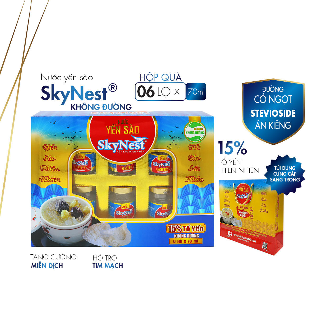 [Hộp quà 6 lọ x 70ml] Nước yến sào SkyNest 15% Tổ Yến KHÔNG ĐƯỜNG