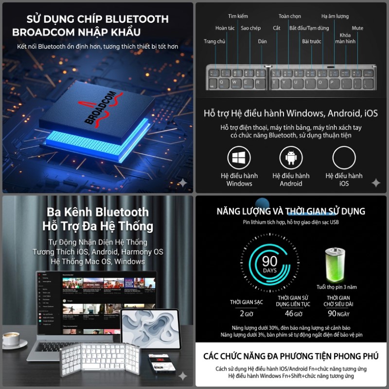 Bàn phím Gấp gọn mini không dây Bluetooth B89 - pin sạc TypeC cho PC Laptop điện thoại máy tính bảng hàng nhập khẩu