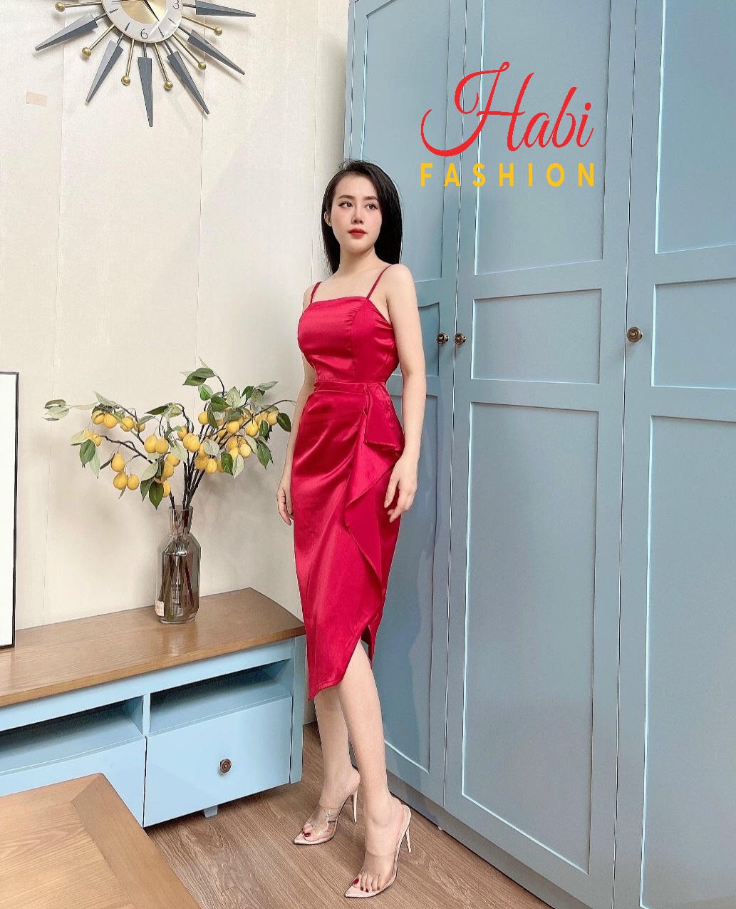 Đầm hai dây body chất lụa xẻ sườn có mút quyến rũ, váy body 2 dây thiết kế (Habi Fashion