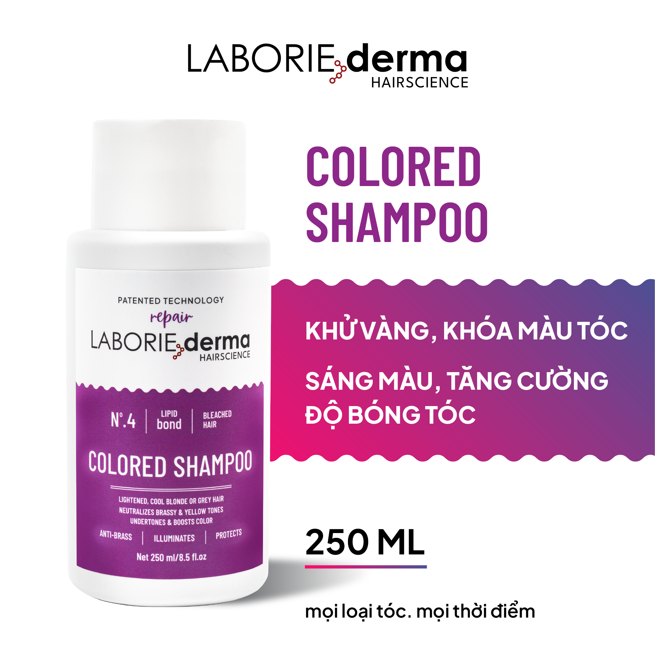 Dầu gội tím giúp làm sáng và đều màu tóc LABORIE derma Colored Shampoo - 250ml