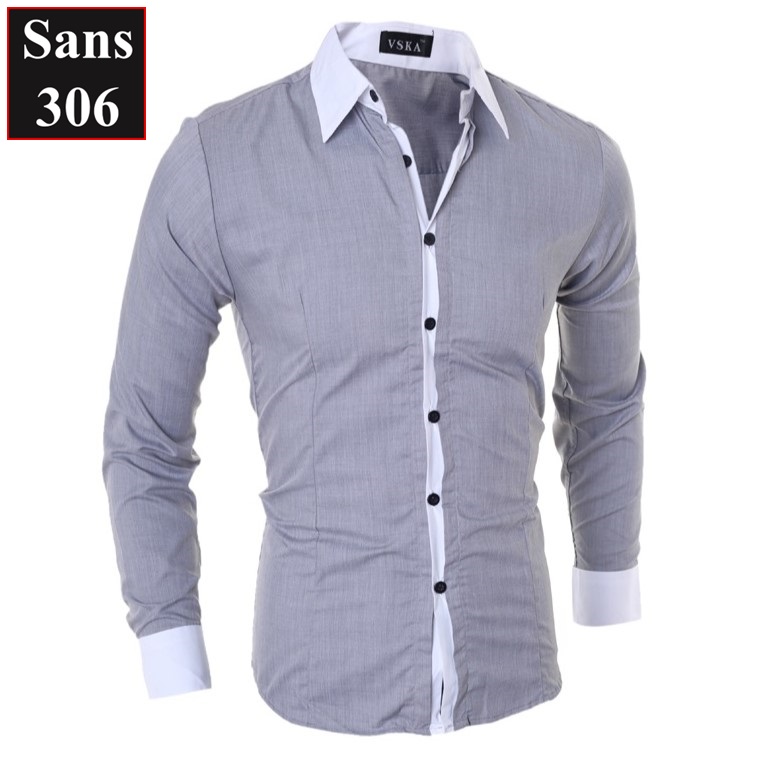 Áo sơ mi nam dài tay Sans306 trẻ trung thời trang đen trắng xám đẹp độc lạ hàn quốc cổ bẻ slimfit công sở somi