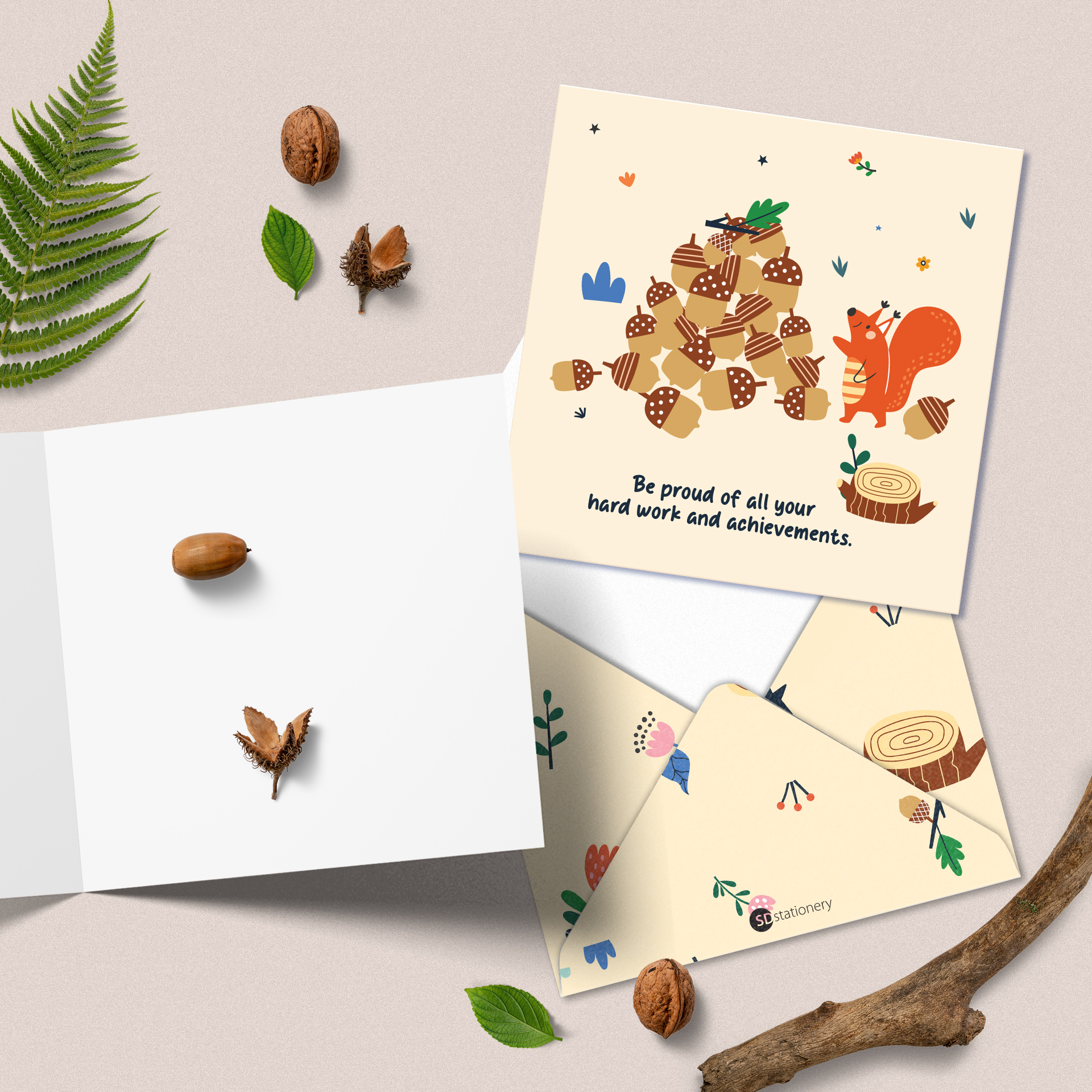 Set 5 thiệp cảm ơn, xin lỗi, chúc mừng, động viên SDstationery Forest minh họa con vật dễ thương, thông điệp ý nghĩa 12x12cm