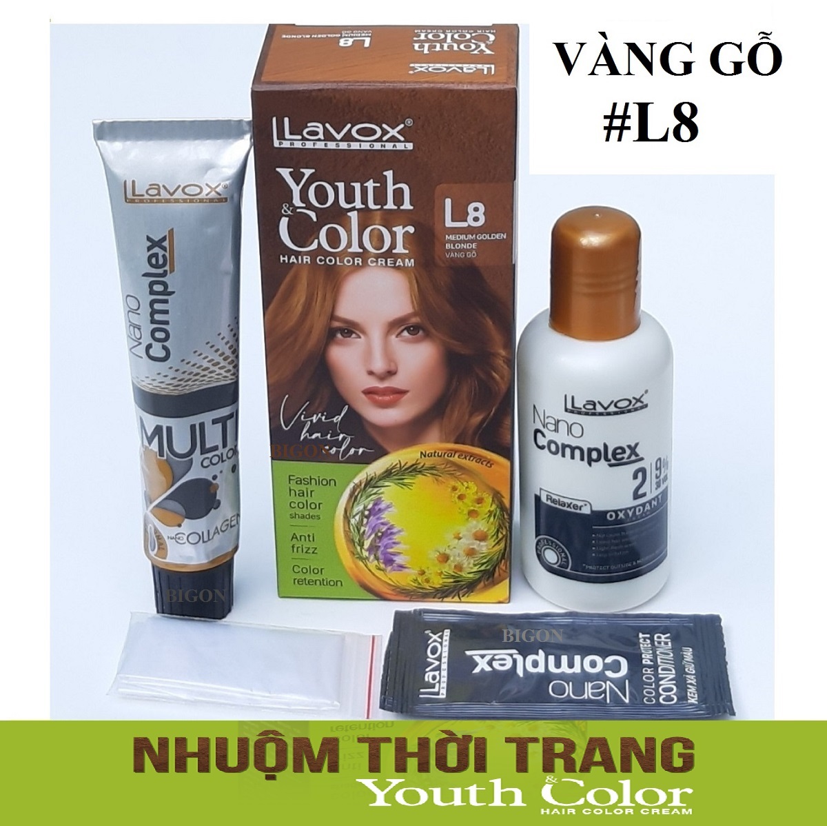 (Vàng Gỗ) Kem Nhuộm Dưỡng Tóc Màu Thời Trang Lavox Youth&amp;Color L8 - Medium Golden Blonde