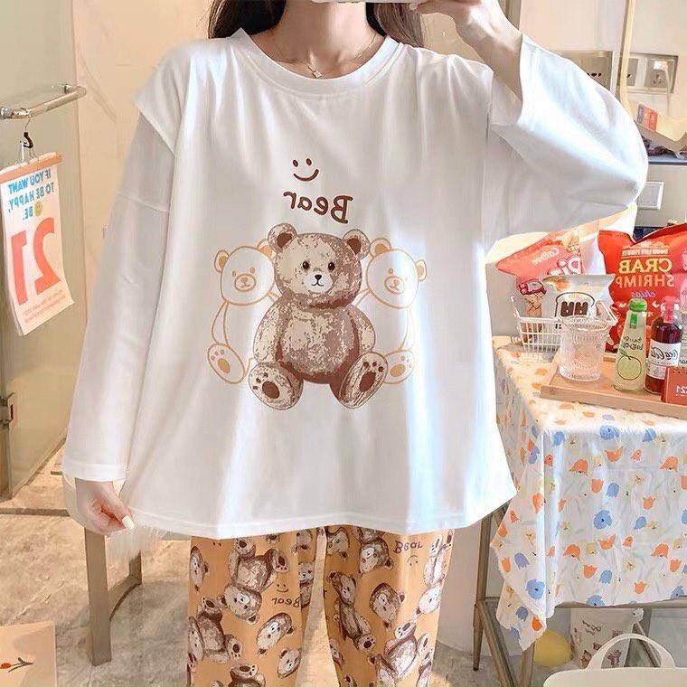 Set bộ đồ dành cho nữ, in hình gấu dễ thương, áo dài tay quần dài chất thun cotton mềm mại mát mẻ