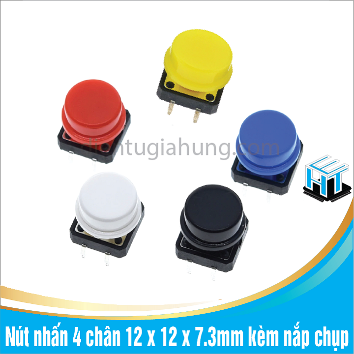 COmbo 10 cái Nút nhấn 4 chân 12 x 12 x 7.3mm kèm nắp chụp nhiều màu sắc