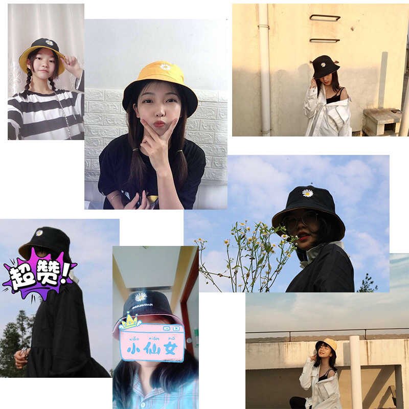 Mũ xinh <3 <3 MŨ BUCKET 2 MẶT thêu HOA CÚC NAM NỮ siêu kute - ĐEN-ĐỎ
