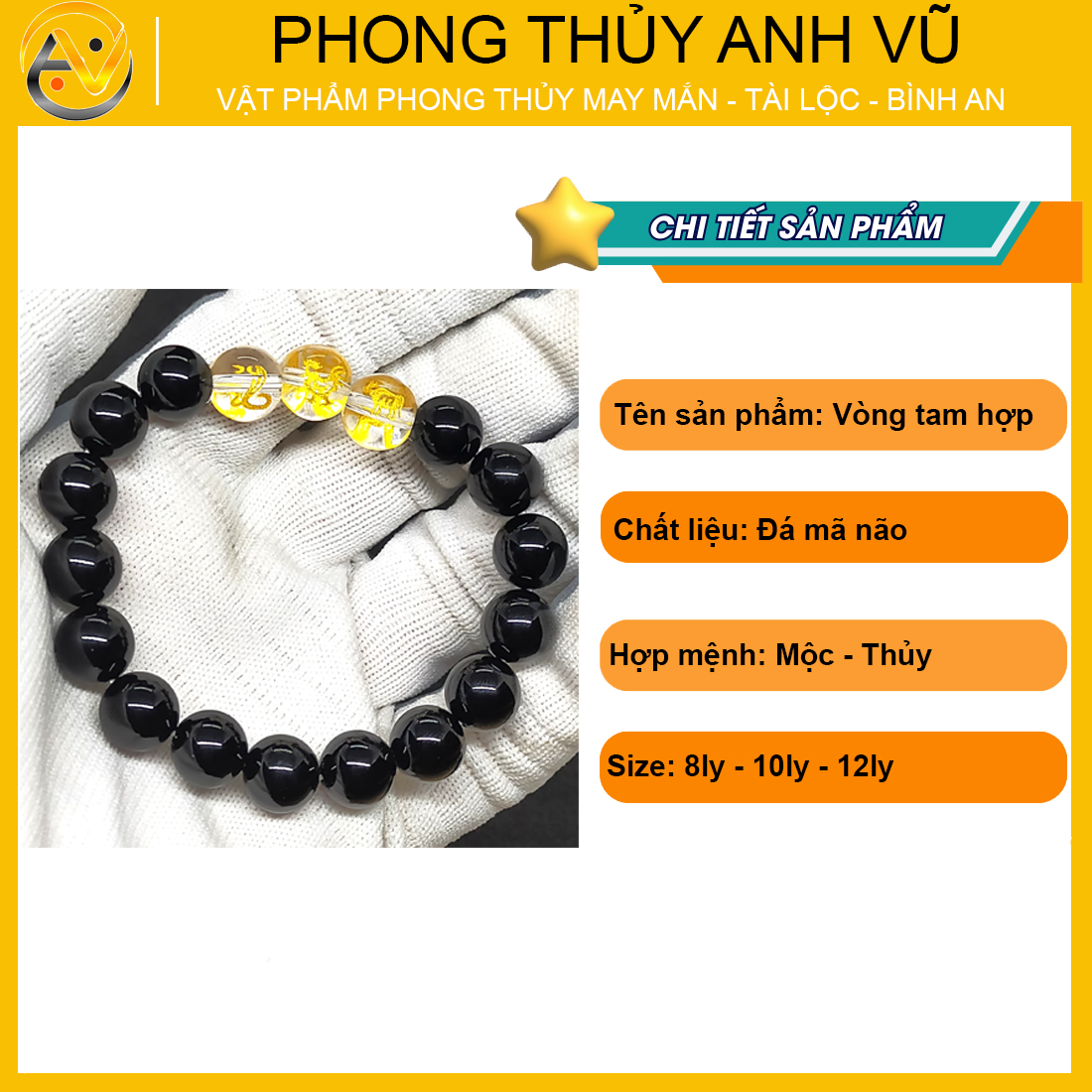 Vòng mã não đen tam hợp tỵ dậu sửu đã khai quang - size 8 10 12ly - may mắn tài lộc - Vòng Tam Hợp Anh Vũ